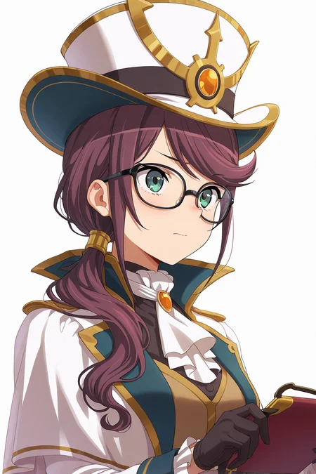 masterpiece, best quality, amazing quality,
 <lora:Junna_IL:1> junna, 1girl, solo, holding, glasses, hat, gloves, white background, long hair, black-framed eyewear, white headwear, ascot, white ascot, simple background, swept bangs, green eyes
