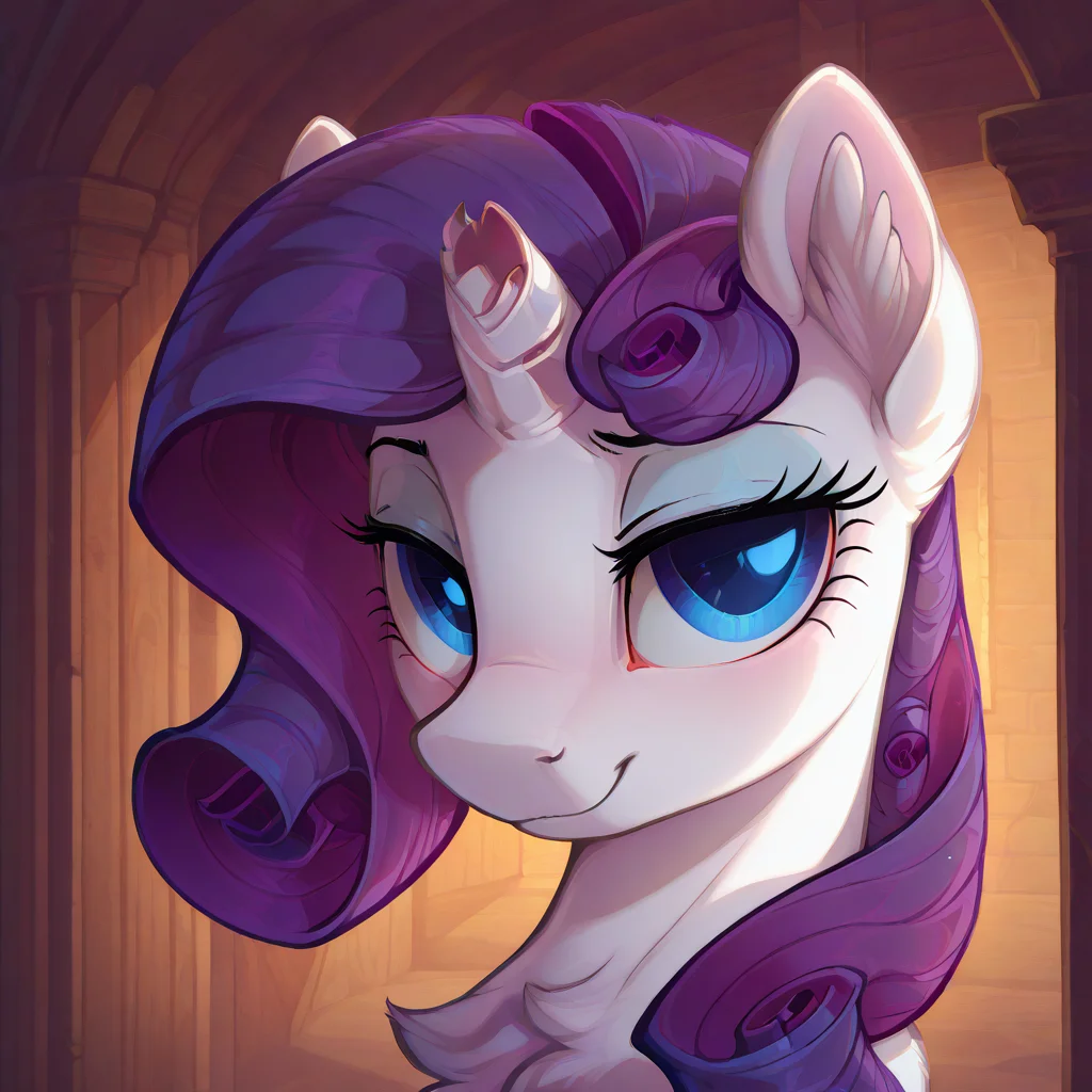 masterpiece,source_pony,chest fluff,inner ear fluff,feral,broken horn,brokenhorn,cut off horn,horn cut off,rarity, unicorn, white fur, blue eyes, purple hair,beautiful hairstyle,solo,seductive_smile, portrait, head,amazing quality,soft lighting,<lora:bad_pictures:1>,<lora:bad_prompt_version2-neg:1>,,,<lora:PDXL_artist_tags_v2_big:1>,,,by dimwitdog,,<lora:Broken_Horn-000010 (2):1>,