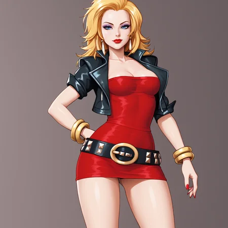 <lora:mariandoubledragonneon_pony_v1:.7>  MarianDoubleDragonNeon, 1girl, solo, blonde hair, blue eyes, bracelet, jewelry, red dress, loose belt, makeup, cropped jacket, lipstick, medium breasts, nail polish, short dress, long legs, lips, bangle, red nails, eyeshadow, cowboy shot