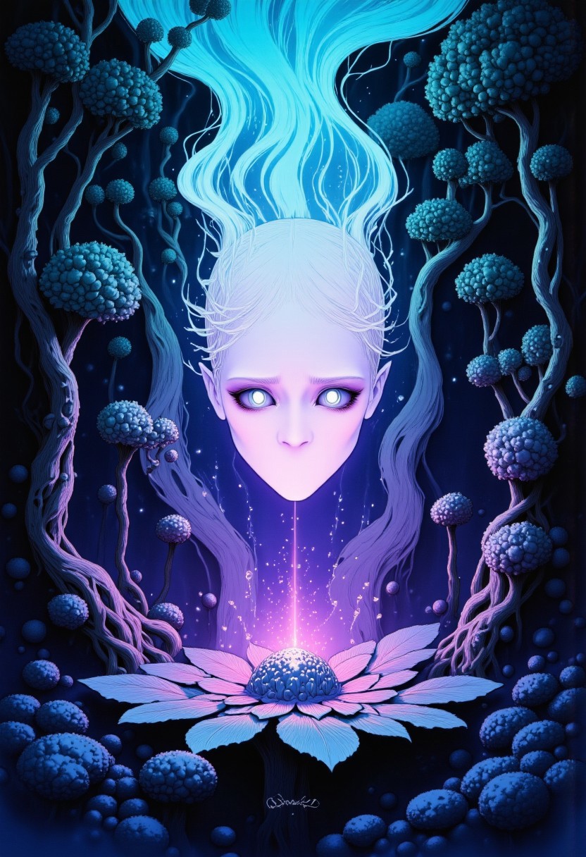 high definition digital animation depicting a cursed hannya mask radiating an eerie cyan and magenta aura blooming out of a blue lotus in a liminal bonsai garden, Studio Ghibli Dark Fairytale