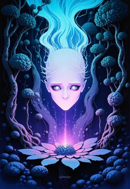 high definition digital animation depicting a cursed hannya mask radiating an eerie cyan and magenta aura blooming out of a blue lotus in a liminal bonsai garden, Studio Ghibli Dark Fairytale