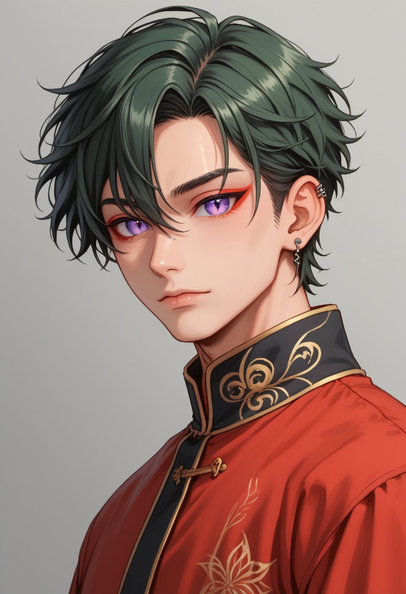 score_9, score_8_up, score_7_up, rating safe, 8k portrait, 1 boy,solo, full body, cowboy_shot, male focus, AntherimA, purple eyes, slit pupils, dark green hair, hair between eyes, asymmetrical hair parting, light_red_eyeshadow, ((1_earstud_left_side)), 20 years old, stoic pose, chinese_royal, chinese_clothing, red clothing, black_waistband, long flowing fabrics,layered clothing , black nail varnish, highly detailed, professional photography, masterpiece, (finely detailed beautiful eyes: 1.2), hdr, black_background
