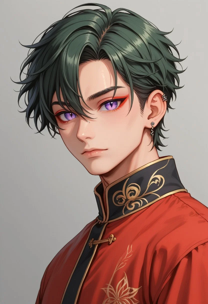 score_9, score_8_up, score_7_up, rating safe, 8k portrait, 1 boy,solo, full body, cowboy_shot, male focus, AntherimA, purple eyes, slit pupils, dark green hair, hair between eyes, asymmetrical hair parting, light_red_eyeshadow, ((1_earstud_left_side)), 20 years old, stoic pose, chinese_royal, chinese_clothing, red clothing, black_waistband, long flowing fabrics,layered clothing , black nail varnish, highly detailed, professional photography, masterpiece, (finely detailed beautiful eyes: 1.2), hdr, black_background