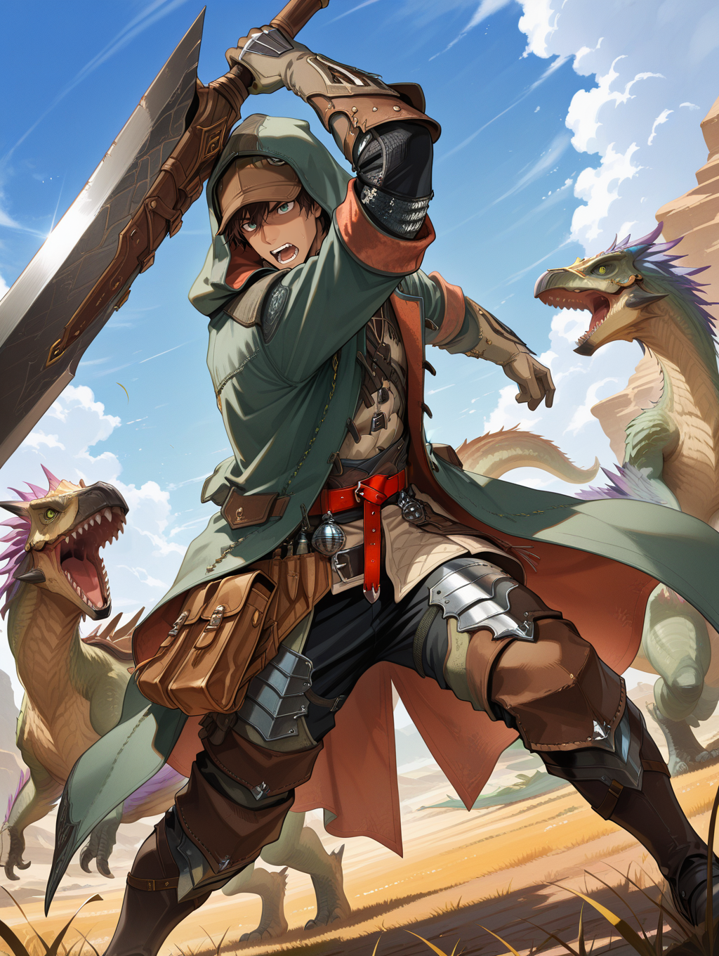 hope male armor, brown hair, huge sword, open mouth, outdoors, green eyes, fighting stance, monster, dark-skinned male, teeth, holding huge sword, cloud, solo focus, day, grass, 1boy, male focus, blue sky, 1other, seikret, green coat, green hood, brown cap, brown knee boots, white pants, white shirt, red belt, brown pouch, white gloves, winged arms, dinosaurs
masterpiece,best quality,amazing quality,very aesthetic,absurdres,newest,<lora:MHWilds hope armor illuXL v1:0.8>,