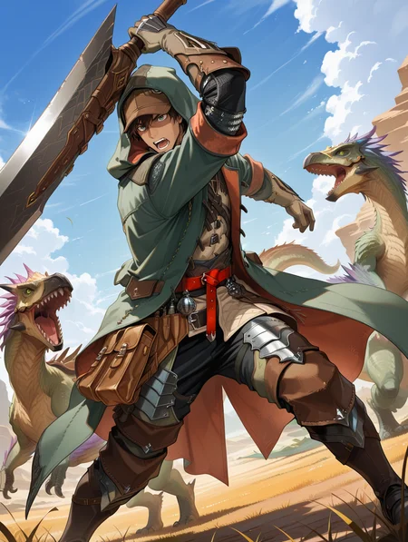 hope male armor, brown hair, huge sword, open mouth, outdoors, green eyes, fighting stance, monster, dark-skinned male, teeth, holding huge sword, cloud, solo focus, day, grass, 1boy, male focus, blue sky, 1other, seikret, green coat, green hood, brown cap, brown knee boots, white pants, white shirt, red belt, brown pouch, white gloves, winged arms, dinosaurs
masterpiece,best quality,amazing quality,very aesthetic,absurdres,newest,<lora:MHWilds hope armor illuXL v1:0.8>,