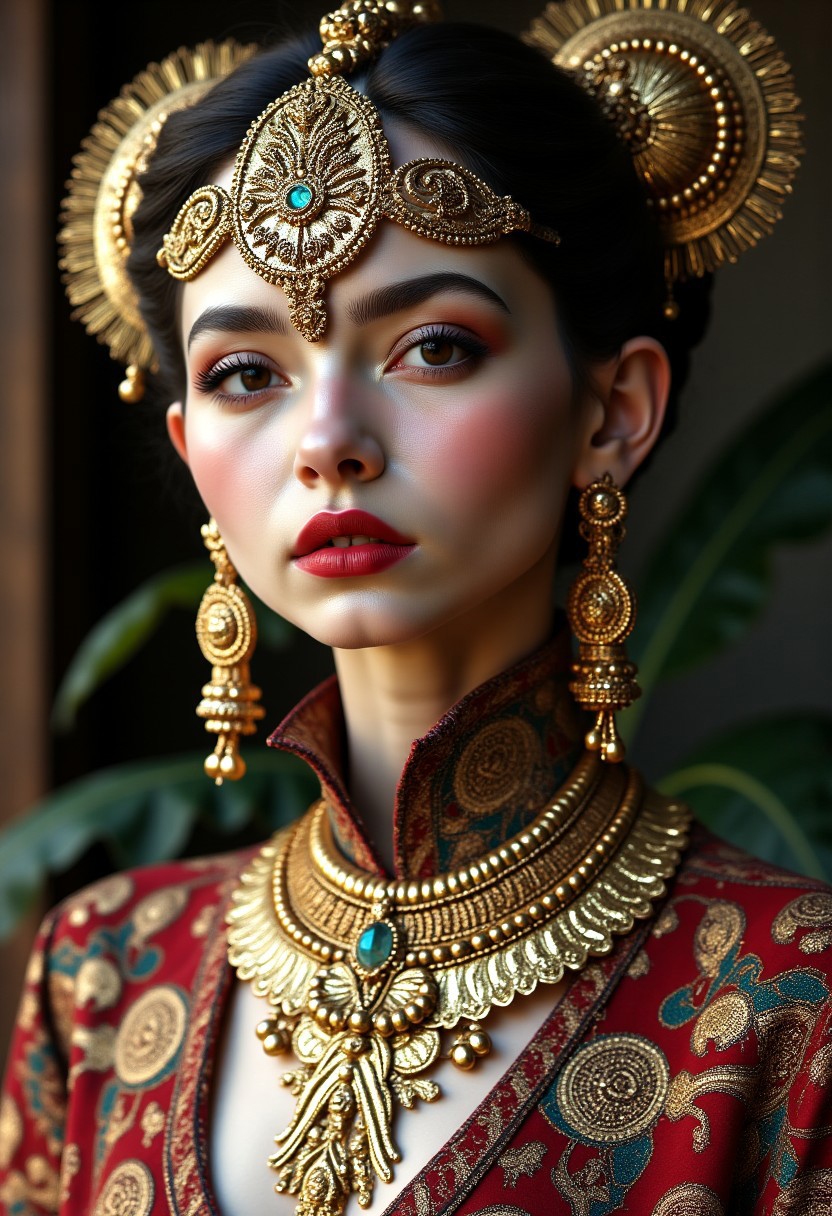 A asian person with masses of jewellery, rings, brooches, earrings, neck rings, far too much jewellery, (excessive jewellery)