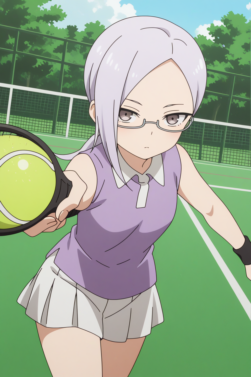 anime coloring, newest, masterpiece, Sumire, glasses, playing tennis, tennis ball, tennis court, perspective, dutch angle <lora:Kunoichi_Tsubaki_no_Mune_no_Uchi_-_Sumire_-_illustrious:0.8>