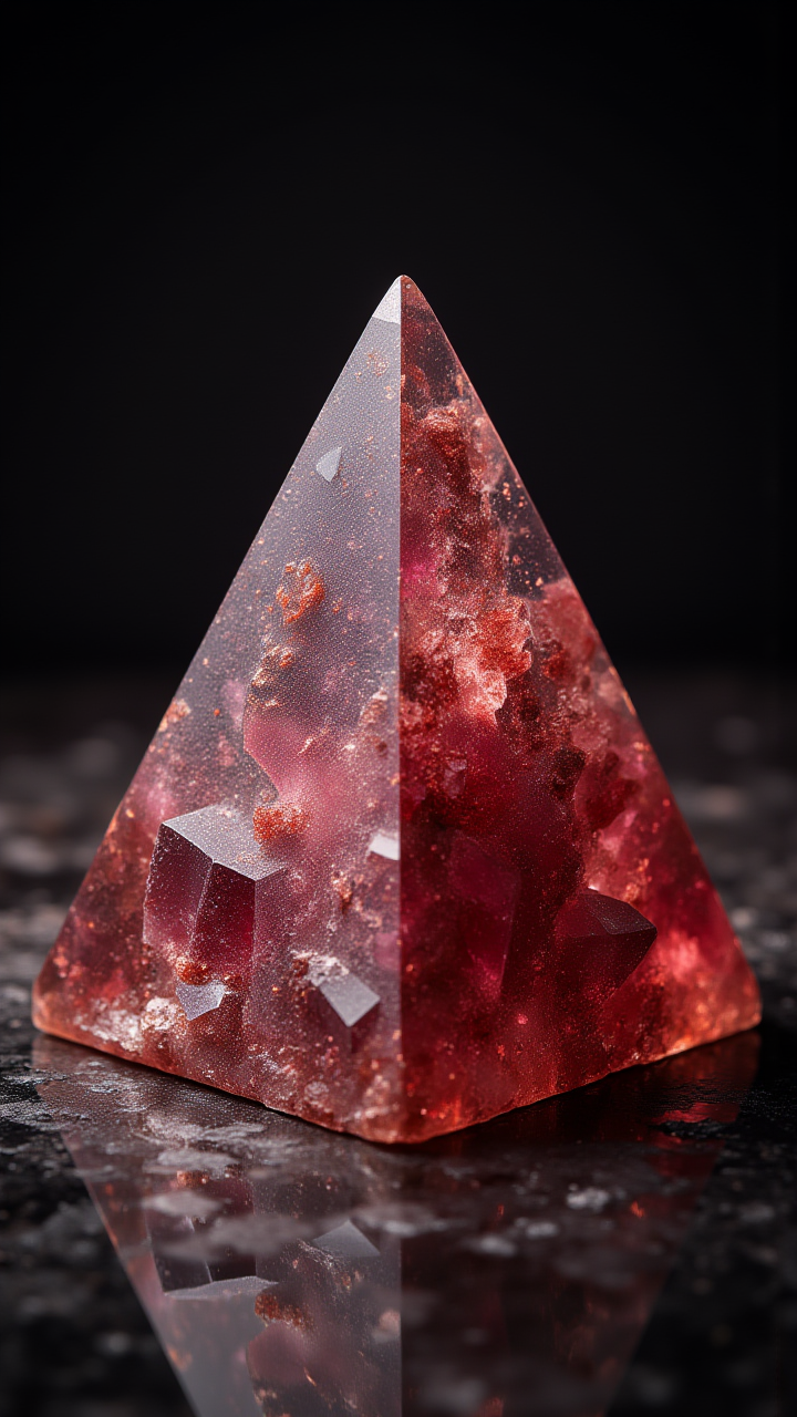 rear angle of a Soft wabi-sabi Crystal pyramid, in focus, Bugcore, Colorless and Maroon dust particles, deep rich colors, rich vivid colors, perfect symmetry, epic atmosphere, great composition, perfect composition, highly detail, surreal, enchanted, beautiful, complimentary colors, beautiful elegant     , aidmaMJ6.1