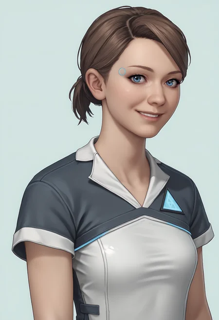 score_9, score_8_up, score_7_up, score_6_up, score_5_up, score_4_up, 1girl, <lora:KaraDBH:0.8> solo, short hair, brown hair, blue eyes, lips, short ponytail, dress, pants, short sleeves, full body, upper body, smile, looking at viewer,
(light blue background), simple background,