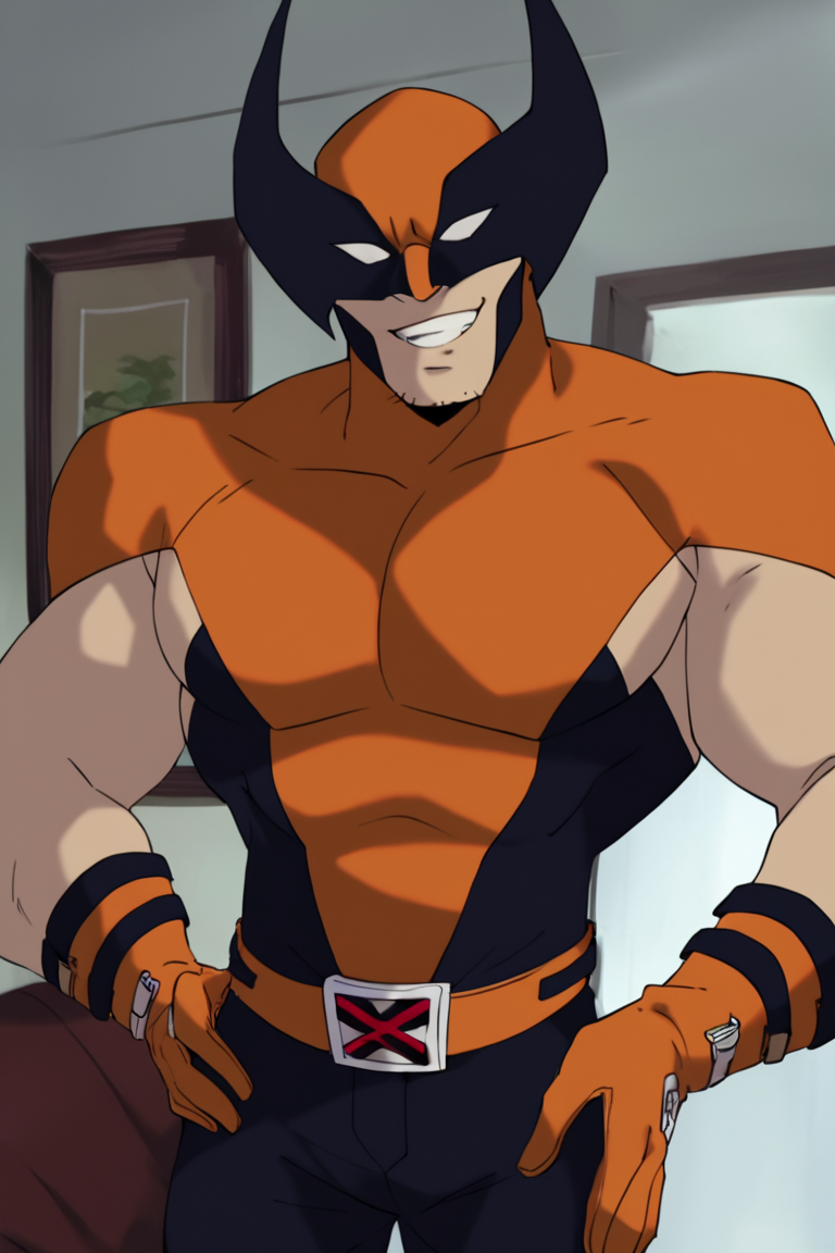 score_9, score_8_up, score_7_up, wolvevo, 1boy, solo, male focus, mature male, facial hair, stubble, bodysuit, orange bodysuit, black bodysuit, two-tone bodysuit, short sleeves, orange gloves, mask, covered eyes, white eyes, no pupils, belt, muscular, smile, grin, hands on own hip, looking at viewer, standing, portrait, upper body, indoors, living room <lora:Wolverine (Logan) X-Men Evolution (First Suit) v1.1 [LoRA] - Pony V6 XL:0.85>
