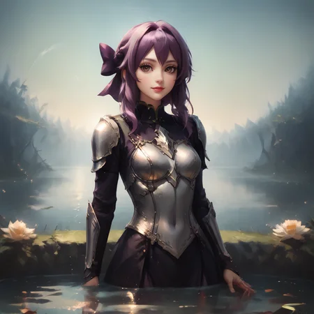 score_9_ score_8, score_8_up, score_7_up, <lora:ShinoaXL1:1>, SHINOARND, PURPLE HAIR, BROWN EYES, BRAIDED HAIR, PURPLE HAIR BOW, medium breast, slim, short skirt , <lora:Armor from HaDeS XL v3.4 Lite:1>, (silver armor:1.3) ,intricate metalwork, master craftsmanship, detailed patterns, silver plate armor, (leg armor), exquisite leather work, standing in middle of lake, submerged in water, mowing her fingers thru water, ultimate level of details, masterful lightning, looking at viewer, zPDXL , <lora:Smooth Anime 2 Style SDXL_LoRA_Pony Diffusion V6 XL:0.8>, <lora:princess_xl_v2:0.6>, , <lora:add-detail-xl:0.8> anime, <lora:d4rk01lXLP:0.8> d4rk01l, (incredibly absurdres, (high resolution:1.18), intricate detail, (masterpiece:1.1), (highest quality:1.1), absurdres), best quality