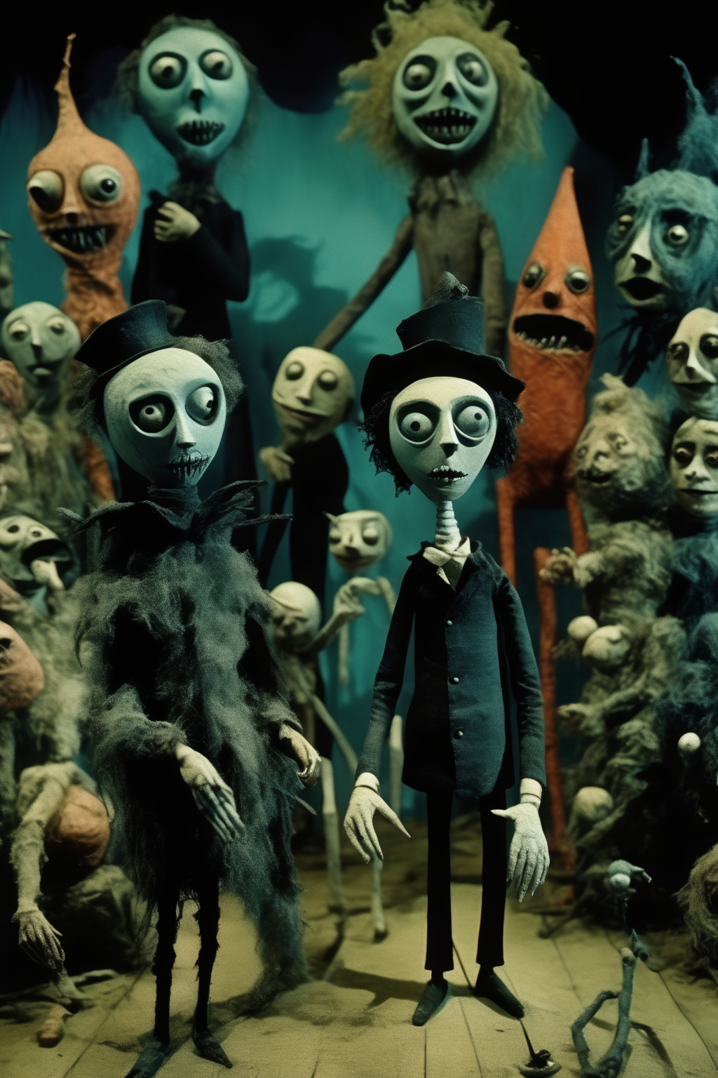 <lora:Director Tim Burton style:1>Director Tim Burton style - creatures_clay and puppets darks, macabres, bizarres_directed_by_Tim_Burton_carnaval, horror, film grain, large film noisea film still, German Expressionist,35mm film, surreal gradient color