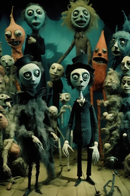 <lora:Director Tim Burton style:1>Director Tim Burton style - creatures_clay and puppets darks, macabres, bizarres_directed_by_Tim_Burton_carnaval, horror, film grain, large film noisea film still, German Expressionist,35mm film, surreal gradient color
