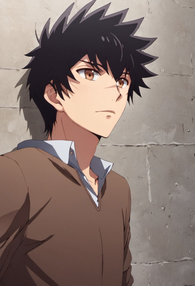 high resolution, solo, best quality, 1Boy, Kanata Hoshijima, Black hair, Brown Eyes, Against wall, hand near face, dominating, intense,