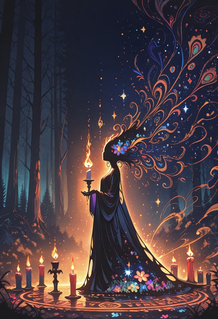masterpiece, best quality ,amazing quality, Bright_illu, sparkle, too many light particles, psyc0d3l1c, Protoneon, sometyome_illu, 
flowers, stars, middle of a forest, summoning circle, candles, ritual, back of powerful shaman, hidden face and arms, flowing dress