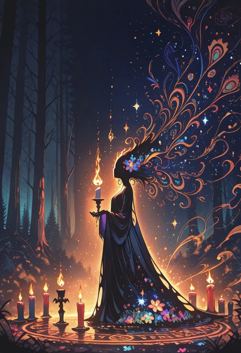 masterpiece, best quality ,amazing quality, Bright_illu, sparkle, too many light particles, psyc0d3l1c, Protoneon, sometyome_illu,
flowers, stars, middle of a forest, summoning circle, candles, ritual, back of powerful shaman, hidden face and arms, flowing dress
