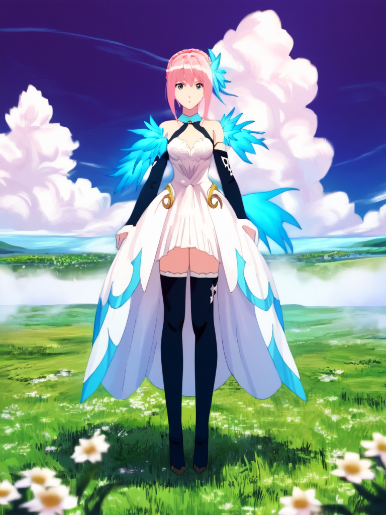 score_9, Score_8_up, Score_7_up, Score_6_up, masterpiece,  best quality, very aesthetic,  <lora:ShionneV2-08:1> 15 shionne 01b weddingdress, shionne 01b, pale skin, long hair, (blue eyes), wedding dress 1girl, solo, breasts, 1Girl, hair ornament, thighhighs, dress, bare shoulders, full body, pink hair, braid, detached sleeves, black thighhighss   <lora:detailed_backgrounds_v2:1> (scenery:1.3),  backgrounds scenery, complex background, grass, cloud, flowers,