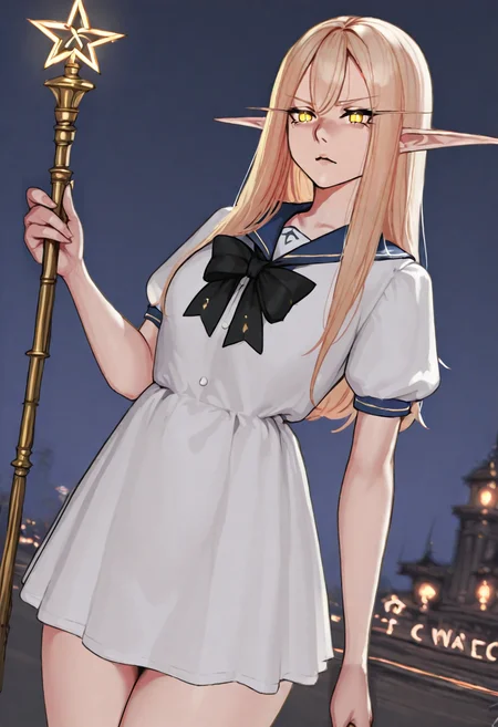 (masterpiece:1.3) (best quality) (detailed) (8k) (HDR) (cinematic lighting) (sharp focus), hayabusa_IL, 1girl, solo, blood_elf_(warcraft), long hair, blonde hair, straight hair, pointy ears, gold eyes, magical girl, sailor dress, bow, star wand, elaborate, ornate, neon lights, night sky, intricate,dutch angle, intense action scene <lora:ponyv5_noobE11_1_adamW-000013:0.8> <lora:noobai_ep11_stabilizer_v0.58_fp16:0.5> <lora:Hayabusa_-_Illustrious:1>
