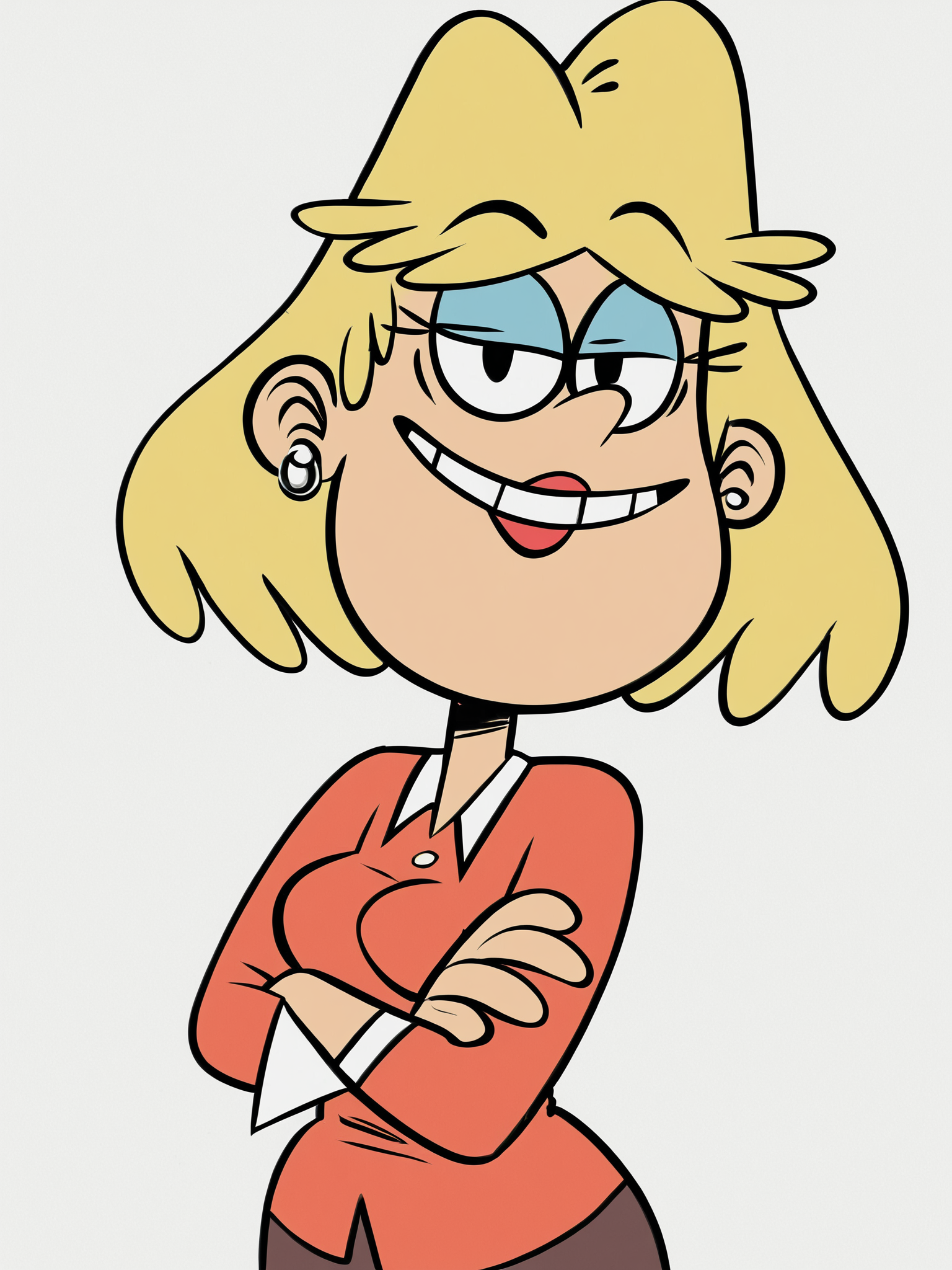 <lora:RitaLoudPony1.0:0.8> rita_loud, 1girl, solo, blonde hair, short hair, earrings, jewelry, rita loud, smile, lipstick,m stud earrings, shirt, pants,teeth,white background,  background, cowboy shot,  looking at viewer, score_9, score_8_up, score_7_up, score_6_up, score_5_up, score_4_up