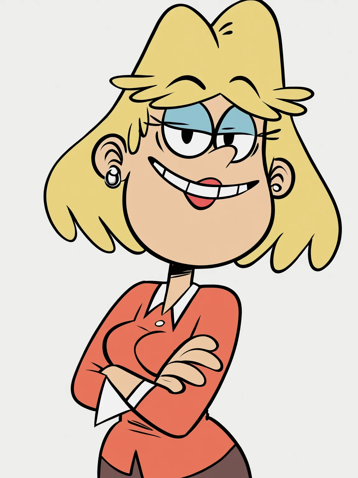<lora:RitaLoudPony1.0:0.8> rita_loud, 1girl, solo, blonde hair, short hair, earrings, jewelry, rita loud, smile, lipstick,m stud earrings, shirt, pants,teeth,white background,  background, cowboy shot,  looking at viewer, score_9, score_8_up, score_7_up, score_6_up, score_5_up, score_4_up