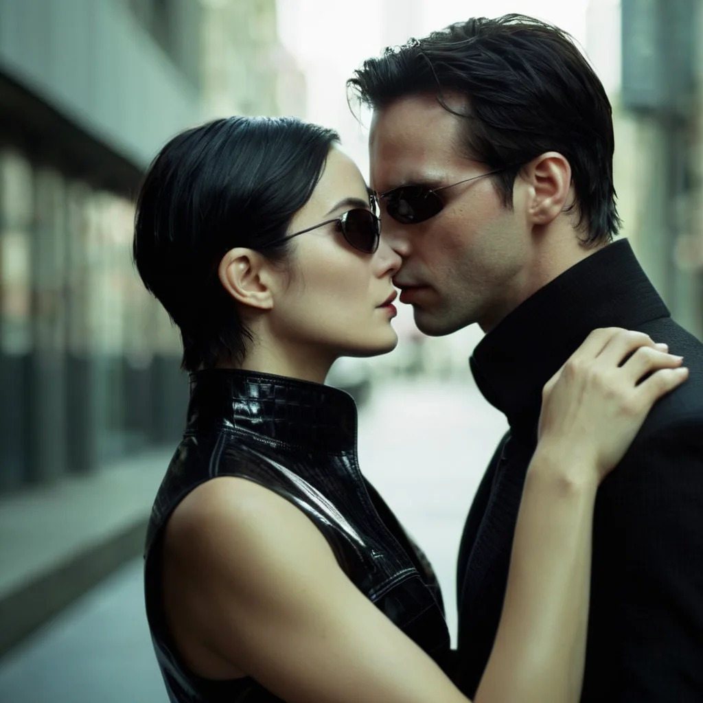 cinematic film still of  <lora:The Matrix Style:1>
Neo, Trinity, 1girl, short hair, black hair, 1boy, closed eyes, hetero, blood, couple, black background, kiss, kissing, blood on face, realistic The Matrix Style, shallow depth of field, vignette, highly detailed, high budget, bokeh, cinemascope, moody, epic, gorgeous, film grain, grainy