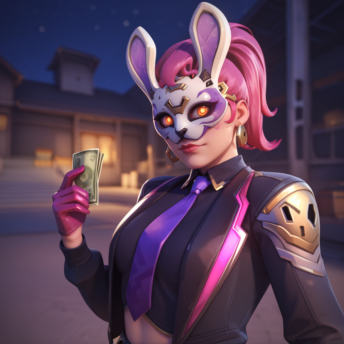score_9, score_8_up, score_7_up, 1girl,  close up, d.va heist, d.va (overwatch) <lora:D.Va Heist-000020:1> at night, in front of a bank, holding bags of money