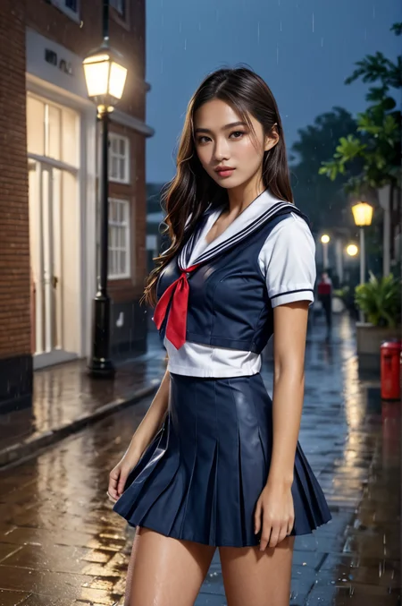 <lora:SH_ModelV2:0.8>, (night:1.5), (rain:1.5), (wet:1.2), street, (skinny legs:1.1), ultra realistic,32k, (masterpiece:1.2), (high detailed skin:1.1), 8k uhd, dslr, high quality, long hair, school uniform, sailor dress, <lora:NsfwPovAllInOneLoraSdxl:0.2> undressing