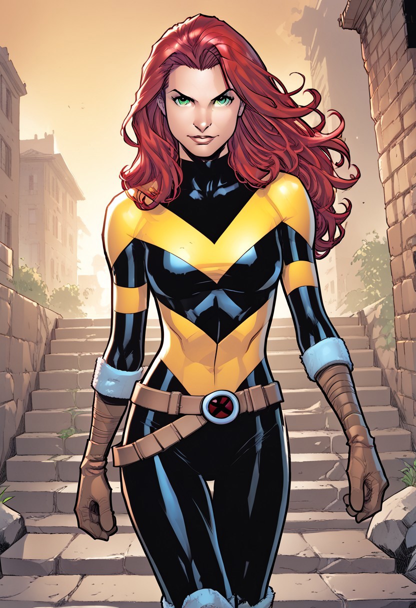 score_9, score_8_up, score_7_up, score_6_up, masterpiece, best quality, <lora:Hope_Summers_-_MarvelX-Men_Pony:1> hopesummers, long hair, red hair, green eyes,bodysuit, belt, gloves , zPDXL3, zPDXLxxx,  walking, stairs, knee boots, cowboy shot,looking at viewer