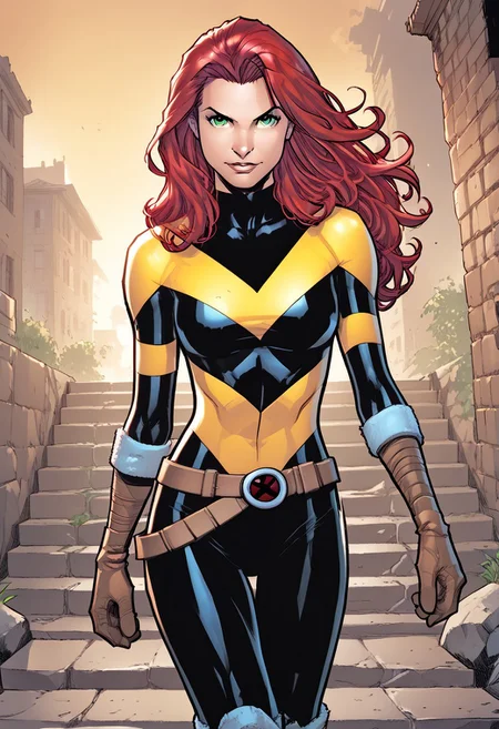 score_9, score_8_up, score_7_up, score_6_up, masterpiece, best quality, <lora:Hope_Summers_-_MarvelX-Men_Pony:1> hopesummers, long hair, red hair, green eyes,bodysuit, belt, gloves , zPDXL3, zPDXLxxx, walking, stairs, knee boots, cowboy shot,looking at viewer