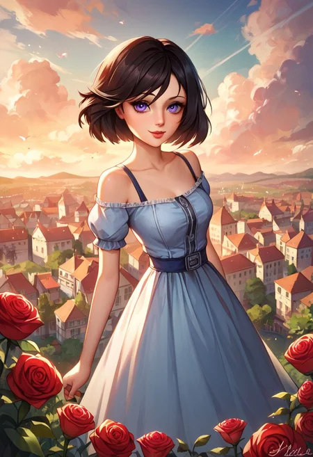 score_9, score_8_up, score_7_up, score_6_up, score_5_up, girl, Elizabeth (Bioshock), black hair, short hair, purple eyes, blue sundress, off shoulder, skinny, look at viewer, pale skin, tiny waist, petite, innocent, small body, coy smile, medieval dress, rose, rose garden with cloudy sky, flying city, Sharp details Insane quality, Insane resolution, Insane details, Masterpiece, 32k resolution, epic Photo