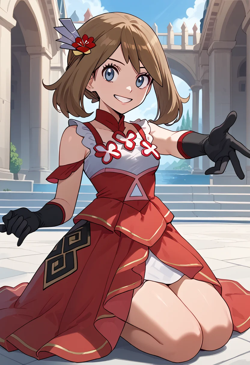 Kneeling with one hand reaching out, looking at viewer, smile, <lora:MayORASPony:1> May_Ani, medium hair, brown hair, blue eyes, hair ornament, red dress, sleeveless dress, black gloves, elbow gloves, black footwear, high heels,, score_9, score_8_up, score_7_up, score_6_up, score_5_up, score_4_up,