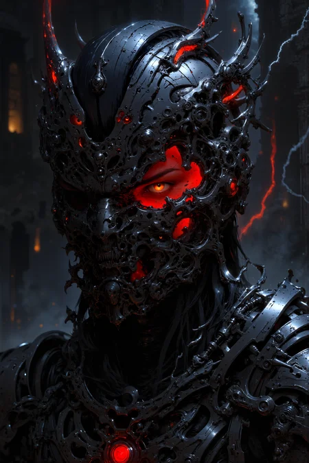 A close-up of a half-demon, half-machine warrior, his face partially covered by a sleek, black iron mask with stylized, jagged edges resembling demonic horns. His exposed skin is a deep red, with veins of glowing silver visible beneath. One eye, burning with an amber flame, contrasts with the cold, mechanical blue glow emanating from the other. Complex engravings twist down his neck, merging with the plated metal that encases half of his body. Behind him, the remains of ancient ruins float amidst a sea of black mist, occasionally pierced by crimson lightning strikes, highlighting his otherworldly features.<lora:FluxMythV2:0.9><lora:s1n0z1ck style FG Flux Lora:0.7><lora:flux.1_lora_flyway_Epic-detail_v2:0.65><lora:detailed_v2_flux_ntc:0.15><lora:- Flux1 - soothing_atmo_V2.0:0.45>