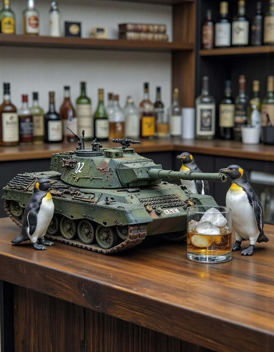 A miniature diorama of a tank next to a glass of whiskey with ice. A flock of penguins tilt their heads in interest as the tank parks, a scene that makes you smile at the penguins' curiosity, on display at a bar counter, <lora:Flux.1_Turbo_Detailer:0.7>, <lora:Diorama_Flux:0.9>,<lora:1a5:0.8>1a5,