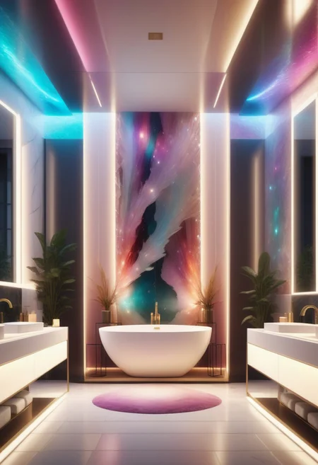 a Jed-Modern bathroom decorated with multicolored Jed-Auquartz ,masterpiece, full of details,ambient light, photorealistic, sharp and in focus