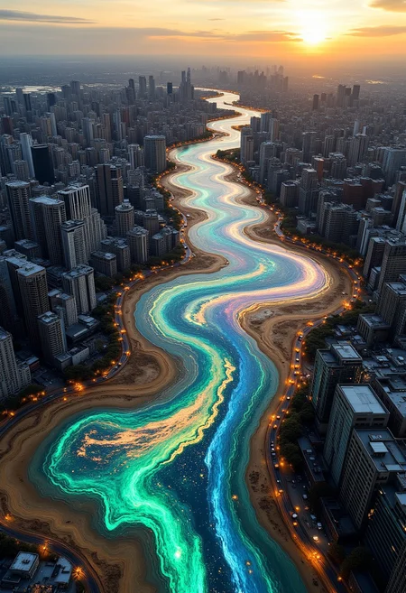 A stunning drone shot of a sprawling metropolis, where a colorful, resin-like river winds its way through the heart of the city like a serpentine ribbon of light. The river’s surface glimmers with swirling hues of deep blues, emerald greens, and vibrant purples, creating a mesmerizing, fluid texture reminiscent of poured resin art. It meanders gracefully between towering skyscrapers and urban landscapes, its vibrant colors standing in striking contrast to the steel and glass structures that rise on either side. The city is bathed in soft, golden light from the setting sun, casting long shadows over the streets and reflecting off the colorful river, making it the glowing centerpiece of the scene. The winding path of the river creates a sense of movement and flow, guiding the viewer's eye through the city’s grid, as if the city is alive and the river is its lifeblood. The atmosphere is both surreal and vibrant, blending the dynamic energy of the metropolis with the dreamlike quality of the resin-like river.