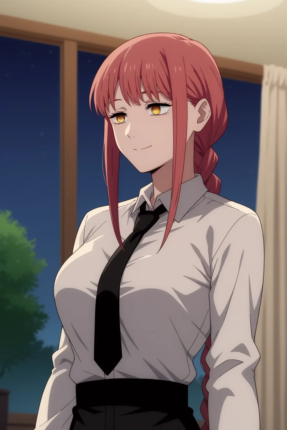 score_9, score_8_up, score_7_up, score_6_up, score_5_up, score_4_up, source_anime,anime screencap BREAK anime coloring,mature,makima,1girl,braided ponytail,solo,black necktie,collard shirt,shirt,white shirt,black suit,light smile,ringed eyes,indoors,office,night time,night, consistent background, <lora:Makima - PDXL.safetensors:0.8>