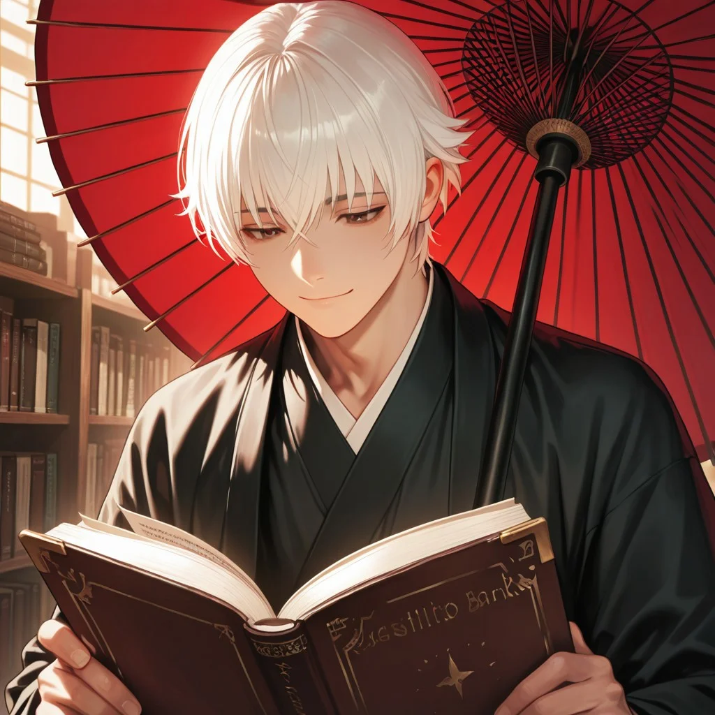 masterpiece, best quality, amazing quality, absurdres, newest, detailed background, definition so sharp, Ultra-HD, 8K cinematic, very awa, impressionate, amazing quality, highres,
solo, male focus, manly,
yashiroisana, 1boy, short hair, bangs, shiro_white hair, shiro_brown eyes, oil-paper umbrella, seated, reading a book, calm expression, slight smile, aesthetic, library, soft light, bookshelves, peaceful, joyful, gentle