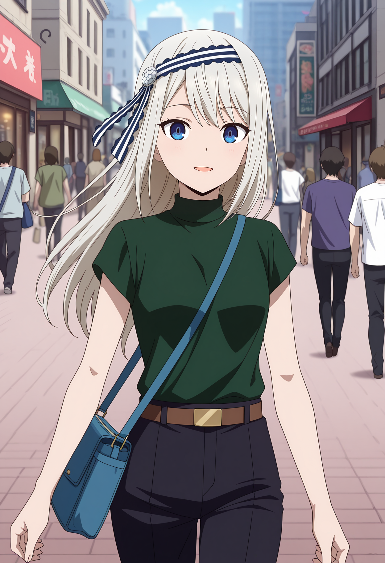 anime screencap, masterpiece, best quality,
<lora:Kaguya-samaWaKokurasetai_ShiroganeKei_IlluXL:0.9>,
1girl, people, open mouth, light smile,
long hair, grey hair, blue eyes, striped hairband, hair ribbon, striped ribbon,
turtleneck shirt, green shirt, short sleeves, brown belt, black pants,
shoulder bag, blue bag,
walking, looking at viewer, cowboy shot,
city, street, day, photo background, blurry background