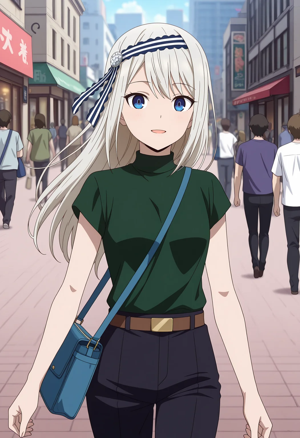 anime screencap, masterpiece, best quality,
<lora:Kaguya-samaWaKokurasetai_ShiroganeKei_IlluXL:0.9>,
1girl, people, open mouth, light smile,
long hair, grey hair, blue eyes, striped hairband, hair ribbon, striped ribbon,
turtleneck shirt, green shirt, short sleeves, brown belt, black pants,
shoulder bag, blue bag,
walking, looking at viewer, cowboy shot,
city, street, day, photo background, blurry background