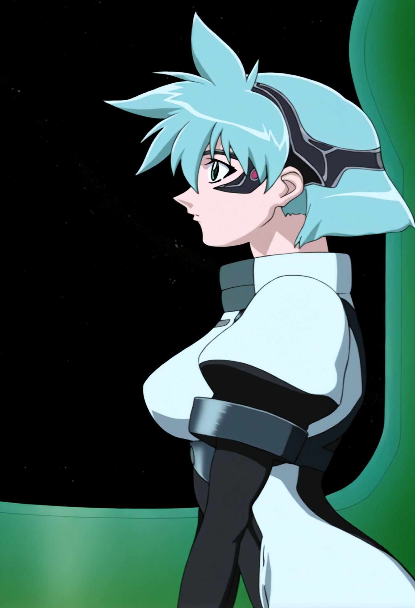 high quality, highres, retro artstyle, 1girl, meia gisborn,  solo,green eyes, hair between eyes, blue hair, short hair, aqua hair, bodysuit,  indoors, space,eyepiece, from side,
