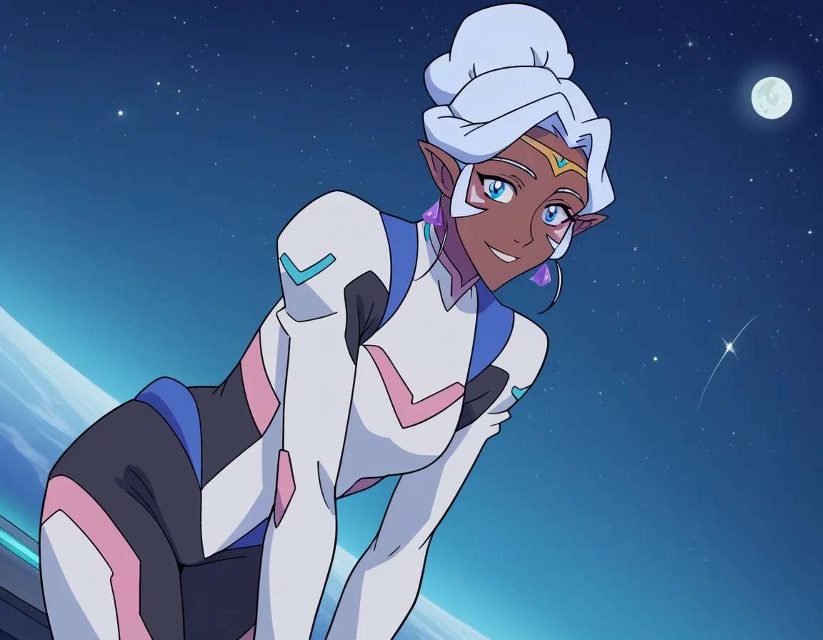 score_9, score_8_up, score_7_up, source_anime,
princessallura, <lora:princess-allura-anime-ponyxl-lora-nochekaiser:1>,
allura, blue eyes, white hair, pointy ears, dark skin, dark-skinned female, facial mark, elf, dark elf,
jewelry, earrings, hair bun, bodysuit,
outdoors, space, starry sky, moon, night, bent over, smile,
looking at viewer, cowboy shot, solo, dutch angle,