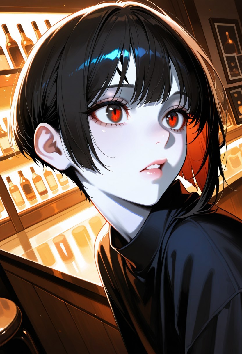 art-style, masterpiece, best quality, very aesthetic, dynamic angle, different pose, bar counter, japanese bar background , full body, (high-contrast portrait), (stylized photo:1.2), pale-skinned androgynous person, soft feminine facial structure, short asymmetrical haircut, undercut on sides, black hair with long side bangs dyed dark blue, wispy bangs on forehead, expressive sharp chin, glowing pale skin, close-up, dim ambient lighting, minimal background detail, fashion editorial look, moody atmosphere, digital photography, ultra detailed, soft shadows