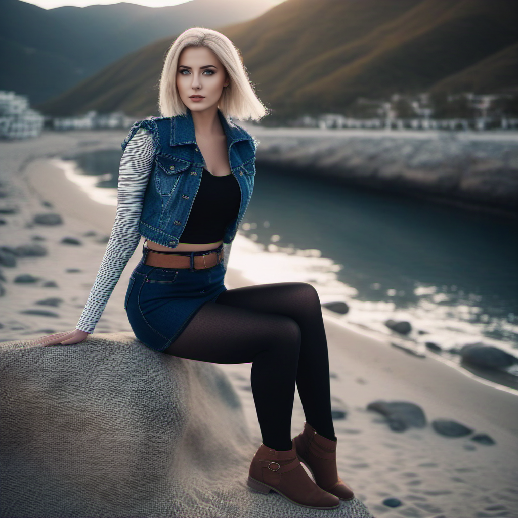 cinematic photo a platinum woman, beach, jean jacket, black tights, jeans miniskirt <lora:Android18-1024:0.8> . 35mm photograph, film, bokeh, professional, 4k, highly detailed