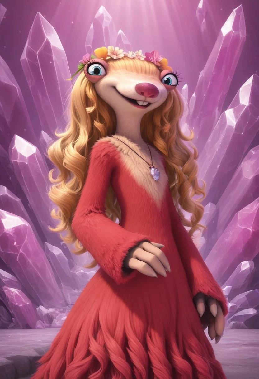 furry, anthro, female sloth, ground sloth, blue eyes, blonde hair, long wavy hair, red fur, red fur dress, blonde fur on upper body, two-toned fur, pink nose, buckteeth, hair ornament, white claws, no ear, score_9, score_8_up, score_7_up, BREAK, 1girl, solo, looking at viewer, cute, from below, joined hands, female focus, looking at viewer, pink crystal background, detailed background, 4k, masterpiece, best quality, highly detailed, realistic, cowboy shot