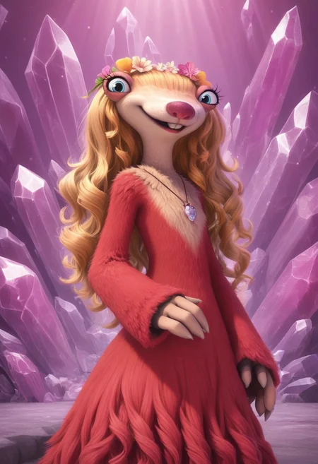 furry, anthro, female sloth, ground sloth, blue eyes, blonde hair, long wavy hair, red fur, red fur dress, blonde fur on upper body, two-toned fur, pink nose, buckteeth, hair ornament, white claws, no ear, score_9, score_8_up, score_7_up, BREAK, 1girl, solo, looking at viewer, cute, from below, joined hands, female focus, looking at viewer, pink crystal background, detailed background, 4k, masterpiece, best quality, highly detailed, realistic, cowboy shot