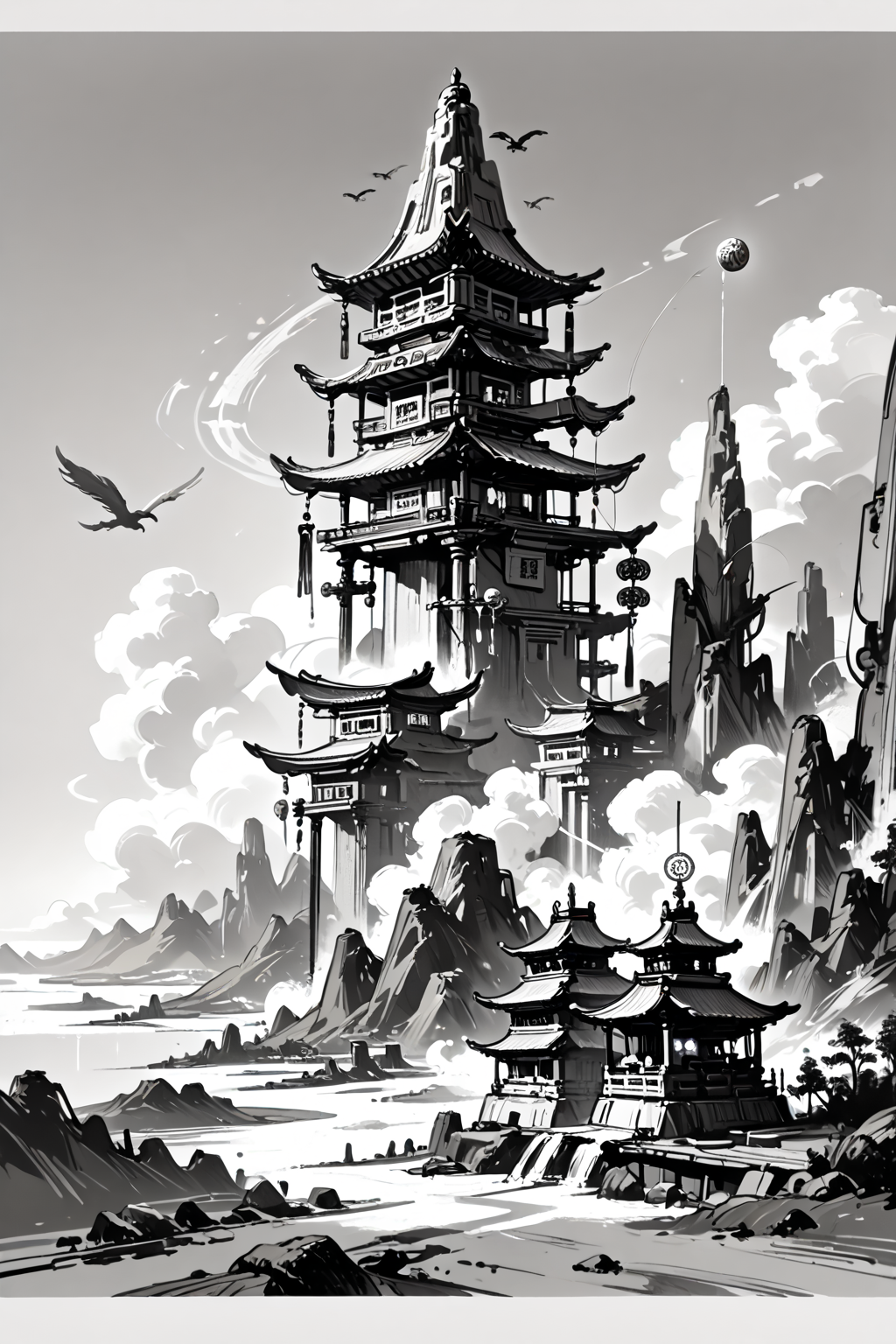 score_9,score_8_up,score_7_up,absurdres,incredibly absurdres,huge filesize,highres,
panorama,landscape,cinematic_angle,dutch angle,fisheye,contour_deepening,chinese traditional architecture,ancient chinese style,traditional architecture,
deep,dark,fantasy,do you like what you see?,
seven-story timber pagoda clinging to sandstone grottoes,(sutra-carved flying rafters:1.3),Northern Wei Dynasty bracket sets supporting cantilevered halls,glowing rock-cut Buddha niches with silk drapery,pilgrims ascending spiral stone steps through incense clouds,(golden dharma wheels rotating in wind:1.4),corroded bronze wind bells forming mantric chords,
<lora:ç»ªå¿ åå½±æ»¤é XUER guangying:0.5>,<lora:Eastern Asian Fantasy Illustration (Pony):0.5>,<lora:HerrscherAGGA2024_TF_Style_V1:0.5>,sketch,<lora:monochromemuse:0.6>,monochromemuse,monochrome,greyscale,ink splatter,<lora:Far_Future_Sketch_Illustrious__Pony:0.6>,monochrome,rough sketch,monochromatic,desaturated,messy line art,lat color,sci-fi,