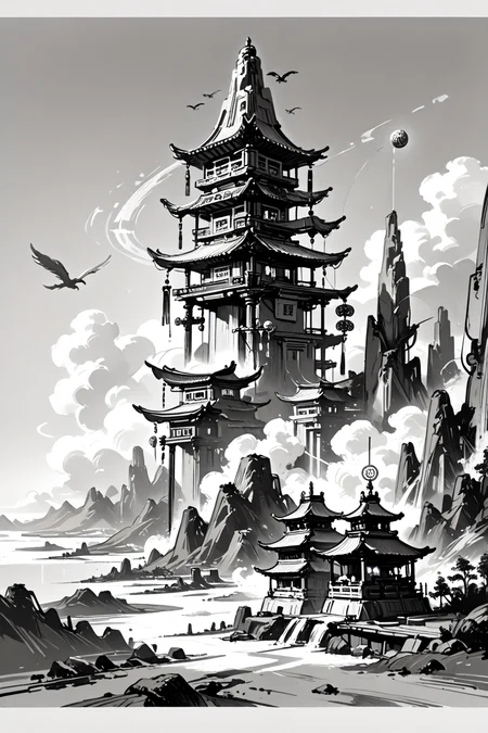 score_9,score_8_up,score_7_up,absurdres,incredibly absurdres,huge filesize,highres,
panorama,landscape,cinematic_angle,dutch angle,fisheye,contour_deepening,chinese traditional architecture,ancient chinese style,traditional architecture,
deep,dark,fantasy,do you like what you see?,
seven-story timber pagoda clinging to sandstone grottoes,(sutra-carved flying rafters:1.3),Northern Wei Dynasty bracket sets supporting cantilevered halls,glowing rock-cut Buddha niches with silk drapery,pilgrims ascending spiral stone steps through incense clouds,(golden dharma wheels rotating in wind:1.4),corroded bronze wind bells forming mantric chords,
<lora:ç»ªå¿ å
影滤é XUER guangying:0.5>,<lora:Eastern Asian Fantasy Illustration (Pony):0.5>,<lora:HerrscherAGGA2024_TF_Style_V1:0.5>,sketch,<lora:monochromemuse:0.6>,monochromemuse,monochrome,greyscale,ink splatter,<lora:Far_Future_Sketch_Illustrious__Pony:0.6>,monochrome,rough sketch,monochromatic,desaturated,messy line art,lat color,sci-fi,