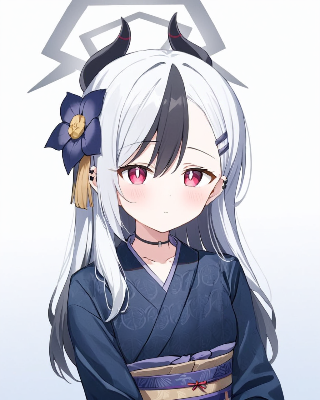 kayoko \(blue archive\),1girl, horns, official_alternate_costume, halo, blush, black_kimono, solo, black_choker, hair_flower, earclip, ear_piercing, upper_body, obi, hairclip, closed_mouth, white_pupils, white_background, blurry_background, hair_down
<lora:kayoko_(blue_archive)_image1860_2023-11-28-000012:1>halo. gorgeous,key visual, vibrant, studio anime,award-winning, professional, highly detailed,high budget, cinemascope