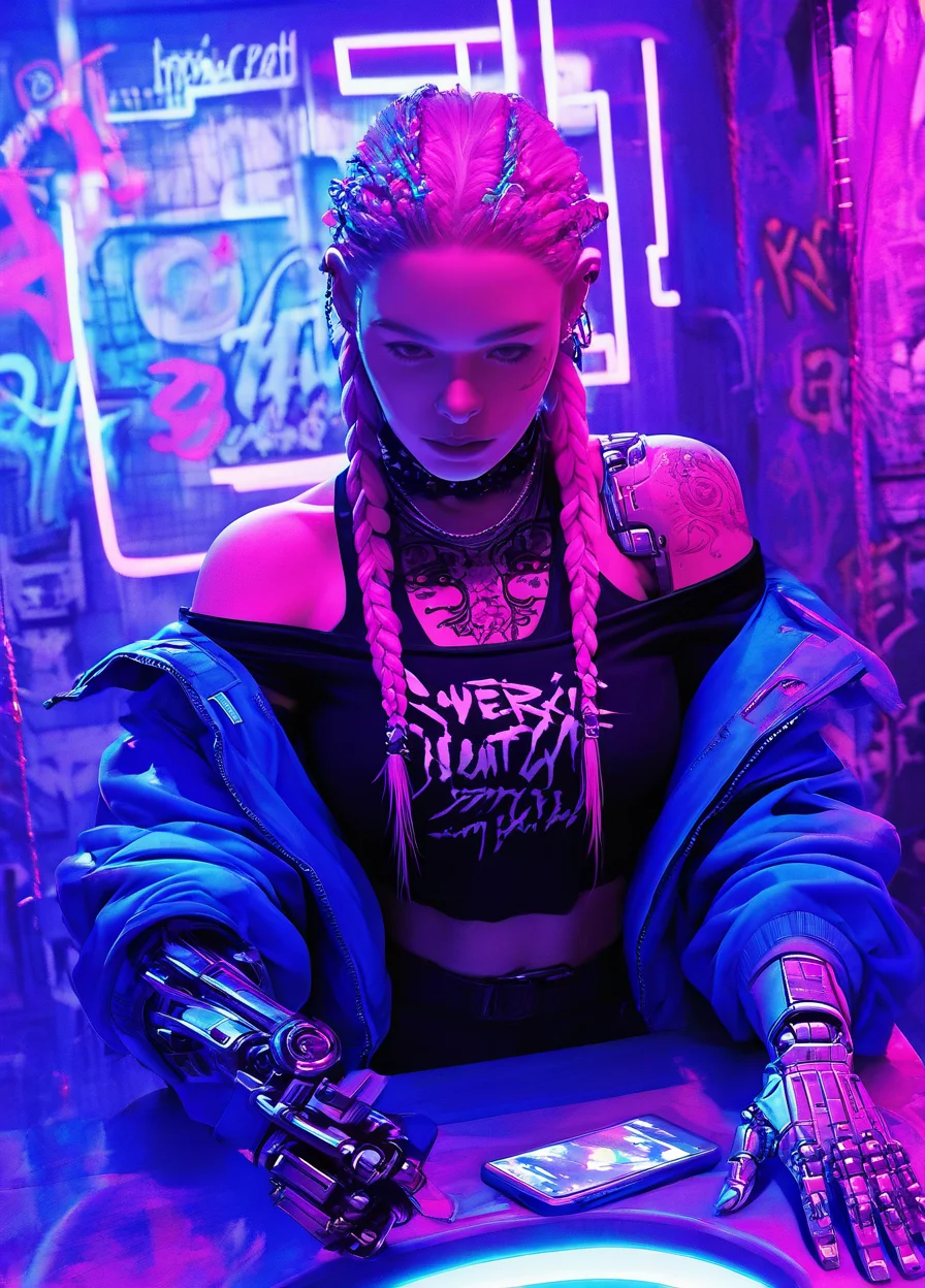 realistic,
masterpiece, best quality, amazing quality, highres, absurdres, very aesthetic, very awa,expert shading, ultra detailed, UHD, 8K,
BREAK,
N3onSp3ctra,realism, N3onSp3ctra, 1girl, solo, tattoo, pink hair, twin braids, braid, holding, phone, mirror, cyberpunk, graffiti, indoors, punk outfit, prosthetic arm, one mechanical arm, jacket off-shoulder, yellow. <lora:NeonSpectra-000008:0.85>