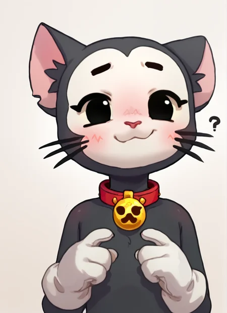 score_9, score_8_up, score_7_up, ,bskit , 1boy , cat boy, black eyes ,eyelashes, looking at viewer, solo, furry , black body , white face , black chest , no nipples, red collar , neck bell, white gloves, <lora:PossumMachine:1>posmach , <lora:bskit-000006:1> confused, blush, nervous smile, ??? ,